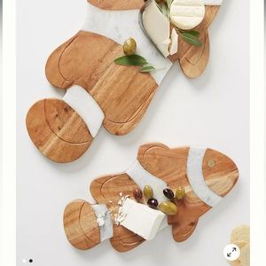 Anthropologie Wood and White Marble Fish Serving Boards